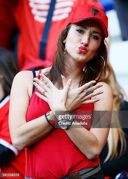 Albanian supporters enjoy the atmosphere prior to the UEFA EURO 2016 Group A match between Romania and Albania at Stade de Lyon on June 19, 2016 in...