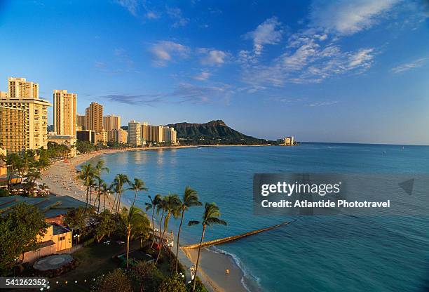 waikiki beach and diamond head - riviera hotel stock pictures, royalty-free photos & images