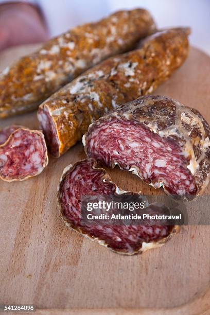mortandela and lucanica di capra traditional sausages - tagliere foto e immagini stock