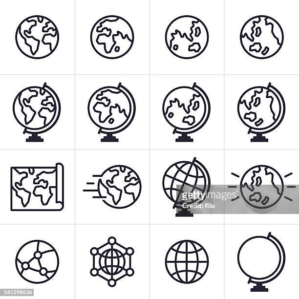 erde globus und symbole - world map stock-grafiken, -clipart, -cartoons und -symbole