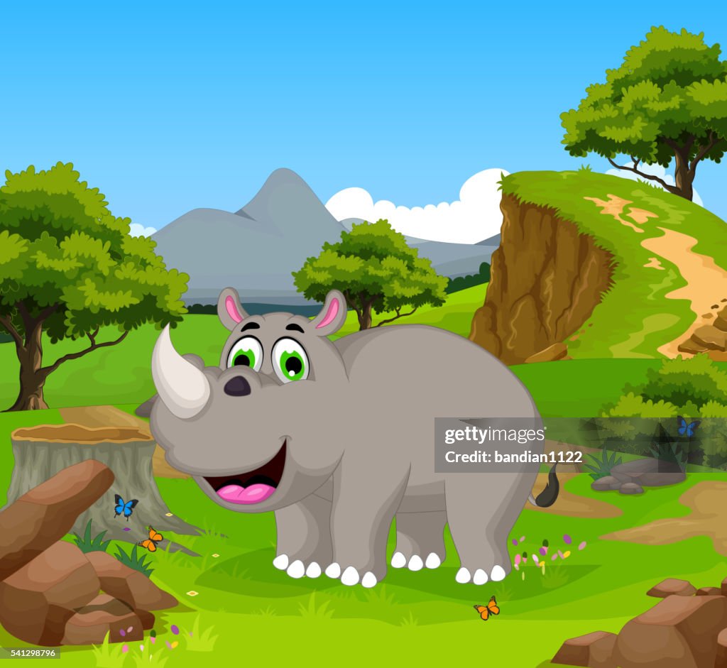 Divertido Rhino De Dibujos Animados En La Selva Con Fondo Con Paisaje  Ilustración de stock - Getty Images