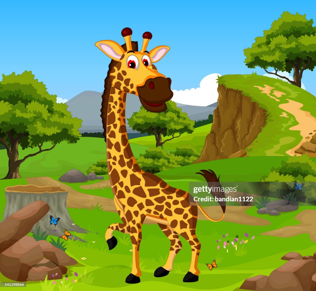 Funny Giraffe Cartoon In The Jungle With Landscape Background High-Res  Vector Graphic - Getty Images