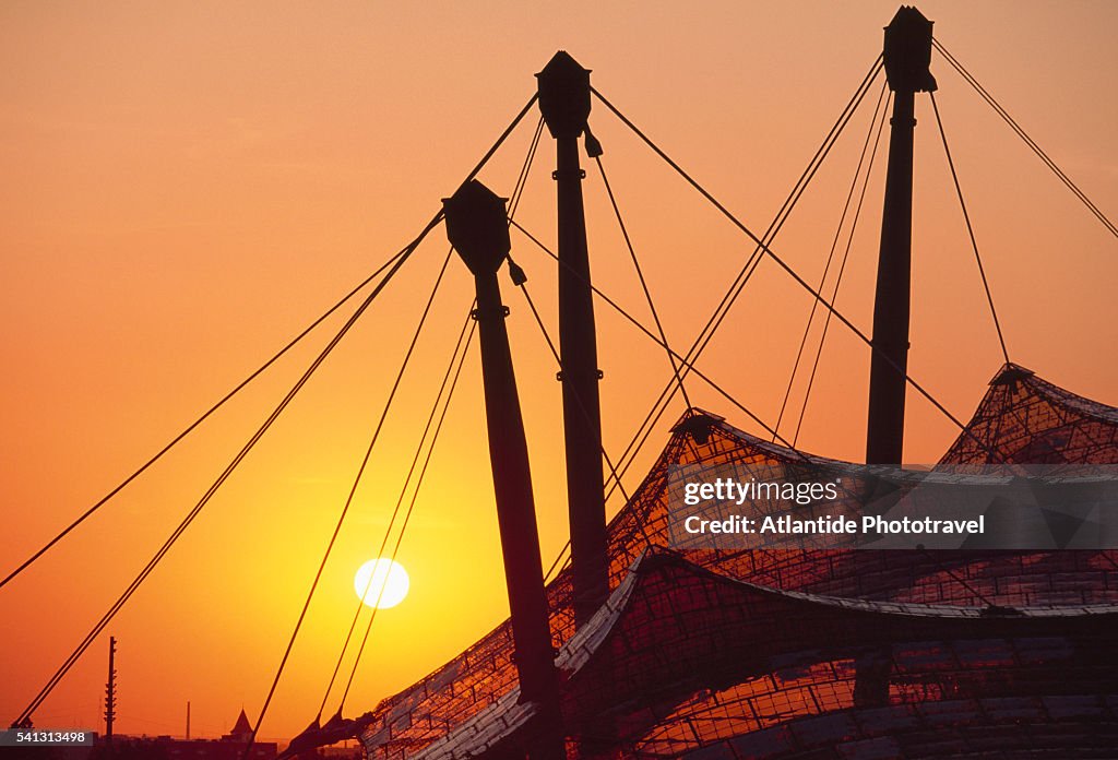 Roof of Olympic Stadium in Munich at Sunset