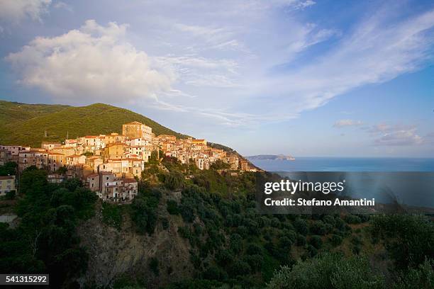 view of town and sea, pisciotta, campania, italy - pisciotta stock-fotos und bilder