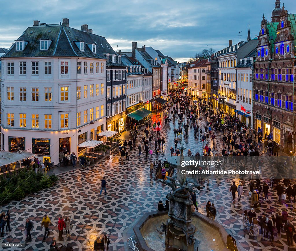 Amagertorv (Amager Square), the Stork Fountain and Strøget street, the main shopping street in Copenhagen