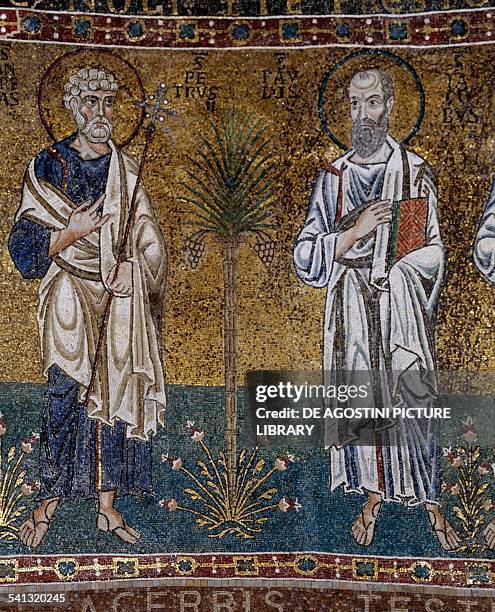 Saints Peter and Paul, mosaic by the Venetian-Ravenna school, 12th century, apse of Santa Maria, Trieste Cathedral, Trieste, Friuli-Venezia Giulia,...