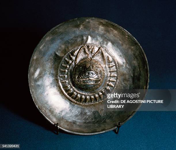 Silver patera with wolf protome, from Tivisa, Barcelona, Spain. Roman civilisation, 3rd century. Barcelona, Museu D'Arqueologia De Catalunya