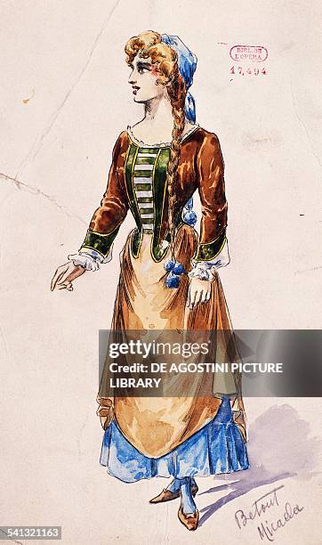 Sketch of costume for Micaela, for Carmen by Georges Bizet , by Betout. France, 19th century. Paris, Bibliothèque-Musée De L'Opéra National De...