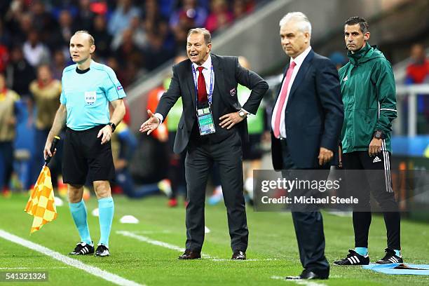 Gianni De Biasi coach of Albania gestures during the UEFA EURO 2016 Group A match between Romania and Albania at Stade des Lumieres on June 19, 2016...