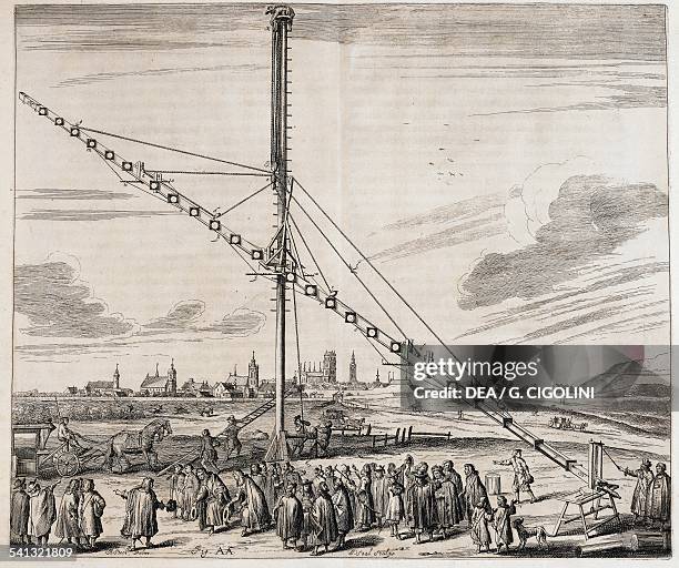 The incredible 150-ft telescope built by Hevelius, illustration taken from Johann Hevelius's catalogue Machina Coelestis, Gdansk, 1673.