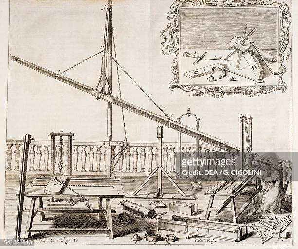 Ft long telescope built by Hevelius, illustration taken from Johann Hevelius's catalogue Machina Coelestis, Gdansk, 1673. Merate, Osservatorio...