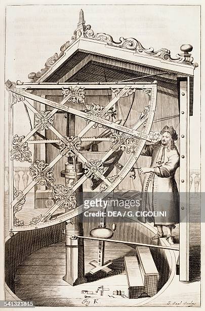 Metal quadrant built by Hevelius and a portrait of the astronomer, illustration taken from Johann Hevelius's catalogue Machina Coelestis, Gdansk,...