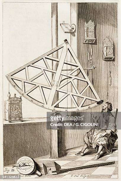 Wooden quadrant built by Hevelius and a portrait of the astronomer, illustration taken from Johann Hevelius's catalogue Machina Coelestis, Gdansk,...