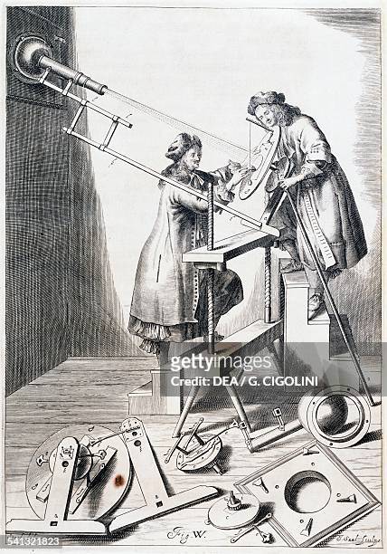 Hevelius preparing his helioscope with the help of an assistant, illustration taken from Johann Hevelius's catalogue Machina Coelestis, Gdansk, 1673....