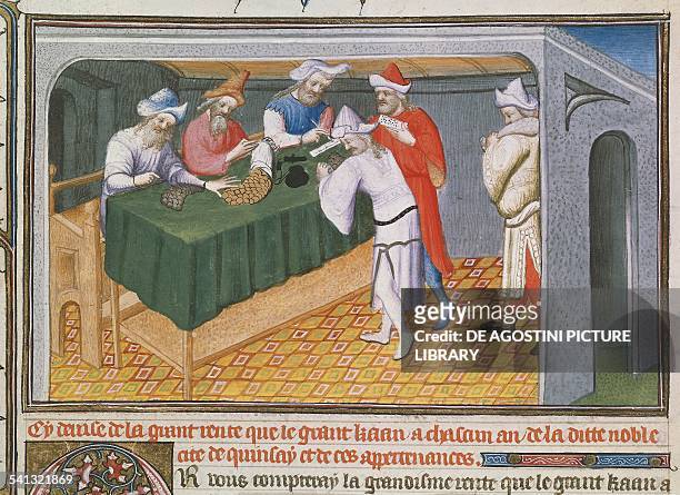Selling merchandise and spices at the court of the Great Khan, miniature from Book of the Wonders of the World, manuscript 2810, folio 69, 15th...