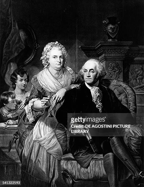 George Washington and his wife Martha and sons engraving by Benjamin Homer Hall. United States of America, 19th century.