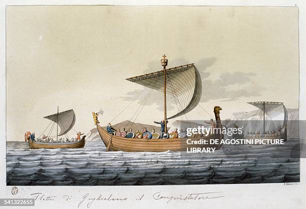 The Norman fleet of William the Conqueror in 1099, coloured engraving from Costume of the original inhabitants of the British Islands, by Samuel Rush...