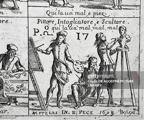 Art workshop illustration by Giuseppe Maria Mitelli from Il Gioco dei Mestieri , engraving. Italy, 17th century.