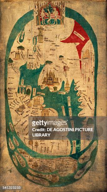 The Evesham world map, ca 1390-1415, created under the patronage of Nicholas Hereford, Prior of Evesham Abbey , and Roger Yatton abbot of Evesham ,...