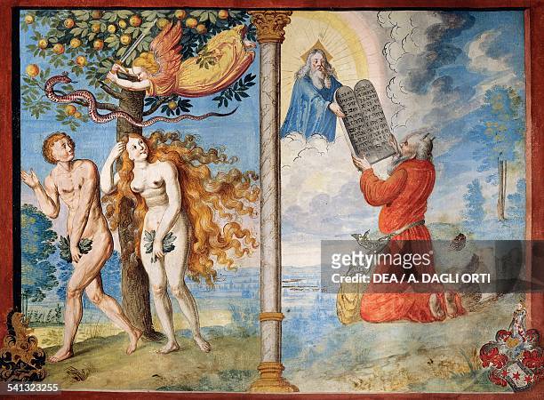 Expulsion of Adam and Eve from Eden and Moses receiving the Tablets watercolour from the Dance of Death cycle, by Albrecht Kauw , illustration by...