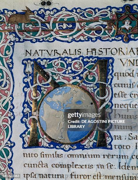 Map of the world, the incipit initial of Natural History by Pliny the Elder, 1465 edition published in Florence, ink on parchment, 37.5x28 cm. Italy,...