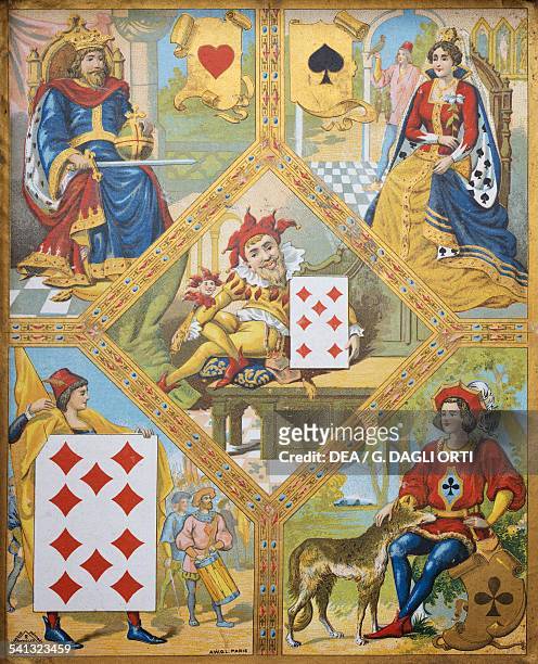 Card game, plate with the King of hearts, the Queen of Spades, the Ten of diamonds and the Jack of clubs, the dwarf Lindoro with the Seven of...