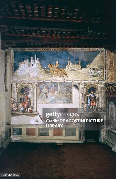 Great Council Hall , fresco on the west wall shows markings of the lost world map by Ambrogio Lorenzetti, Palazzo Pubblico, Siena, Tuscany. Italy,...