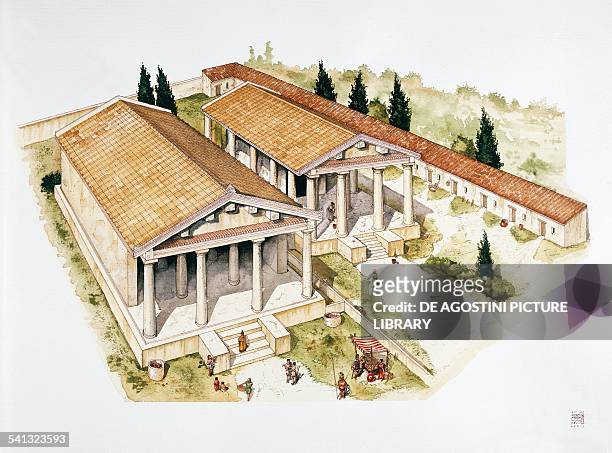 Reconstruction of Temple A and Temple B in Pyrgi, drawing, Lazio, Italy. Etruscan civilization, 6th-5th century BC.