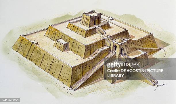 The Ziggurat of Ur, drawing. Babylonian civilisation, Iraq, III millennium BC.