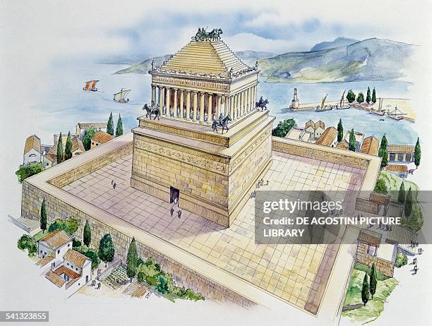 The Mausoleum of Mausolus, King of Caria, at Halicarnassus, drawing. Carian civilisation, Turkey, 4th century BC.