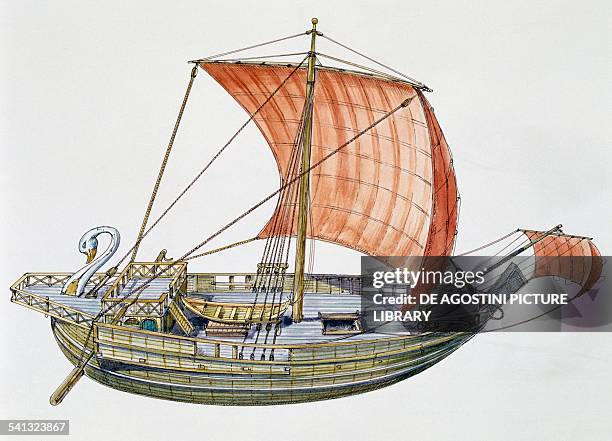 Roman cargo ship with square sail, drawing, Ostia Antica, Lazio, Italy. Roman civilisation.