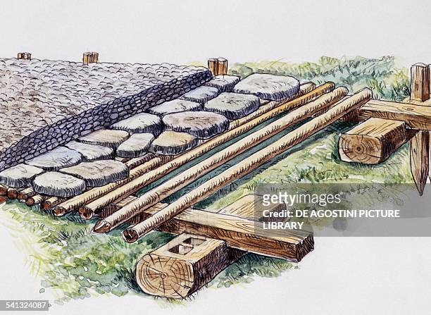 Construction of a Roman road, with wood and stone foundations, drawing. Roman civilisation.