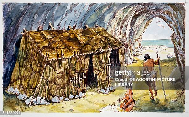 Cave dwelling, drawing, France. Upper Paleolithic, Magdalenian.