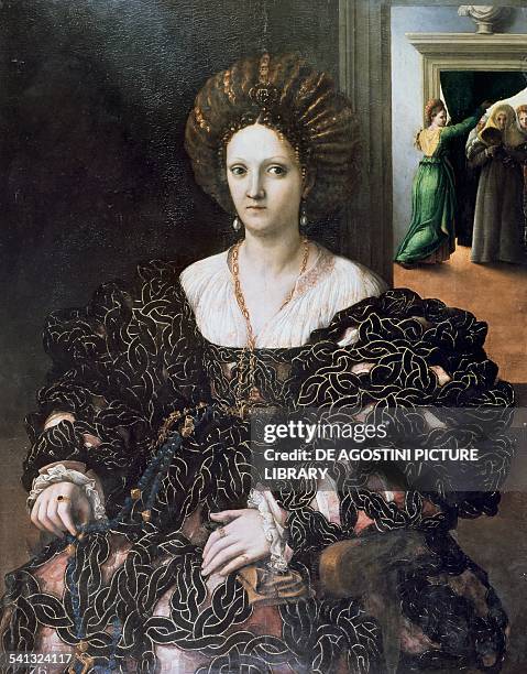 Portrait of Margherita Paleologa , in the past the subject was identified with Isabella d'Este by Giulio Pippi know as Giulio Romano , oil on panel,...