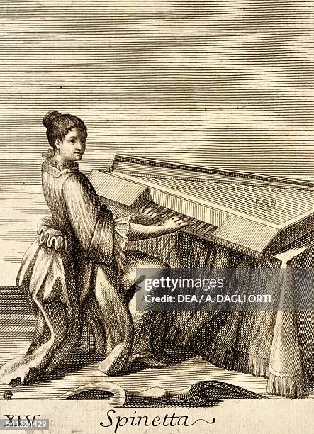 Woman playing the spinet by Filippo Bonanni , from Musical cabinet full of sounding instruments, shown and explained, with 150 engravings, collection...