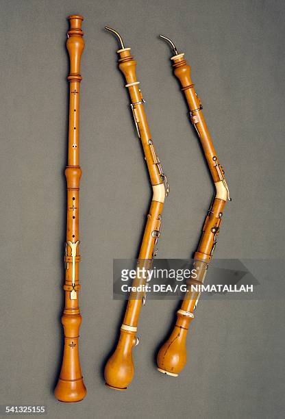 English horns, made by Johann Stehle, Augustin Rorarius, Carl Augustin Grenser. 18th-19th century. Florence, Museo Strumenti Musicali Conservatorio...
