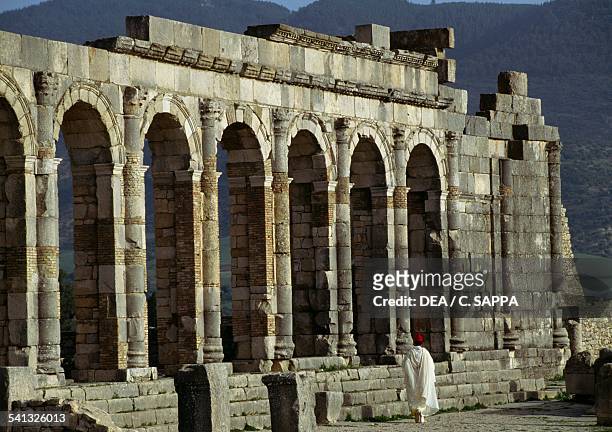 The ruins of the Basilica in the Roman city of Volubilis , Morocco. Roman civilisation, 2nd-3rd century.