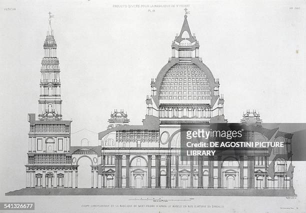Longitudinal section of St Peter's Basilica, design based on a wooden model of the final design made by Antonio da Sangallo, engraving from The...