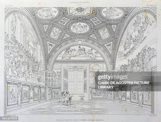 Overview of the School of Athens room or Room of the Signatura, engraving from The Vatican and St Peter's Basilica by Paul Marie Letarouilly , Volume...