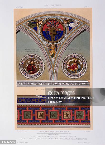 Borgia Apartment, the annex of the Vatican Library, decoration of the vault of the Room III known as the Miscellaneous room: top, decoration on the...