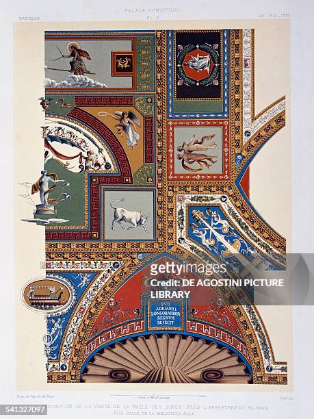 Borgia Apartment, decoration of the vault of the Room of the Popes, known as the Room of the Maya Library, cromolitograph from The Vatican and St...