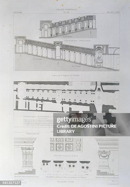 Regal staircase: top, Longitudinal sections of the ramps; centre, Overview plan of the Regal staircase; bottom left, Detail of the column at the top...