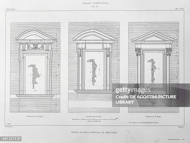 Facade of the Palace of Sixtus V: Details of the windows of the first, second and third floor, elevation and plan, engraving from The Vatican and St...