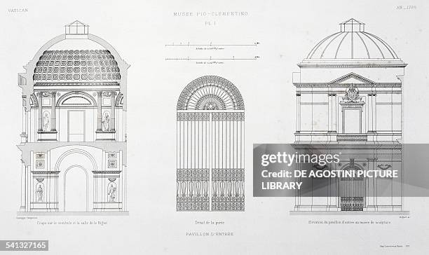 Entrance pavilion: left, Cross section of the vestibule and Hall of the Chariot; centre, Detail of the door; right, Elevation of the pavilion...