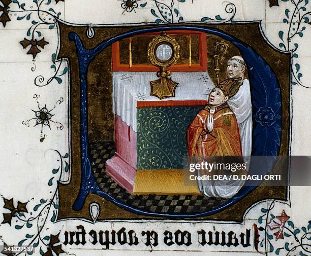 Bishop worshiping at an altar, miniature from the Missal By Meester Pancratius, manuscript c 20 ff, 46 verso, 15th century. Bressanone, Biblioteca...