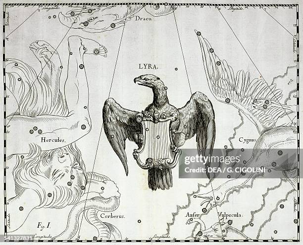 Lyra, the boreal constellation of the Lyre, illustration taken from Johann Hevelius's star atlas Firmamentum Sobiescianum sive Uranographia, Gdansk,...
