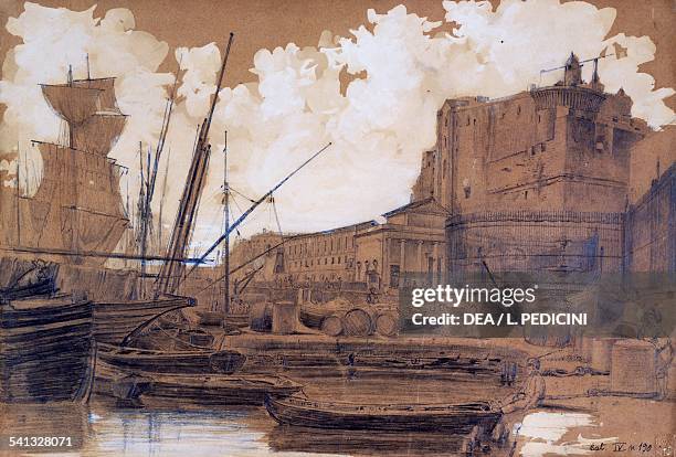 View of Mandracchio with the New castle , by Francesco Bidera, pencil and white lead on paper, 29.6x44.7 cm. Italy, 19th century. Napoli, Castelnuovo...