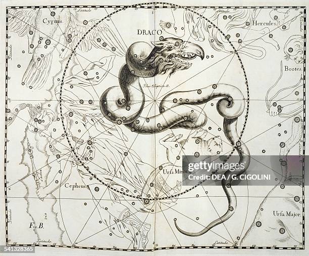 Draco, the boreal constellation of the Dragon, illustration taken from Johann Hevelius's star atlas Firmamentum Sobiescianum sive Uranographia,...