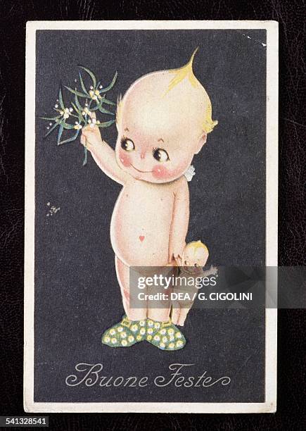 Happy Holidays, greeting card with Kewpie character, 1930s. Italy, 20th century.