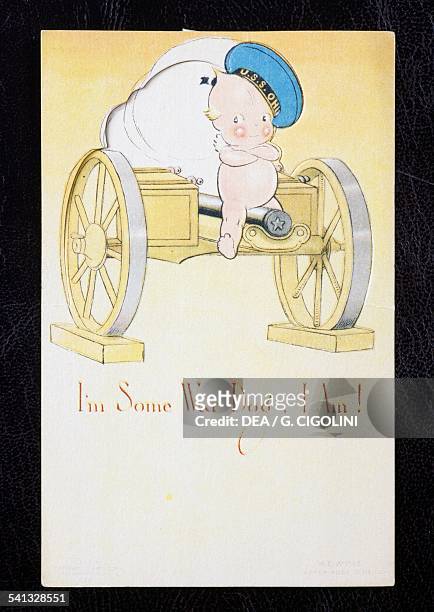 Kewpie doll sitting on a cannon, with USS Ohio written on its hat, postcard, 1914. United States of America, 20th century.